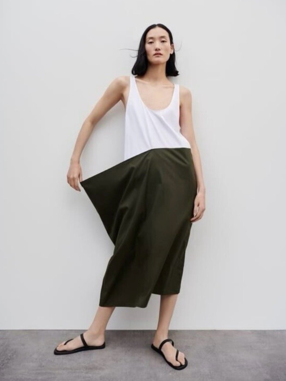 Zara Olive Green & White Two-Tone Maxi Skirt Dress